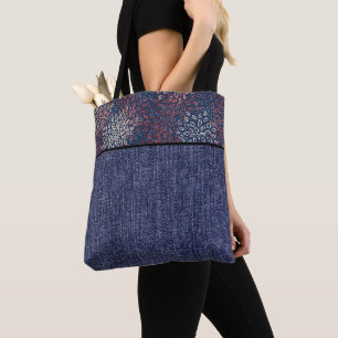 Bolsa Tote Flores vermelhas, brancas e azuis e jeans