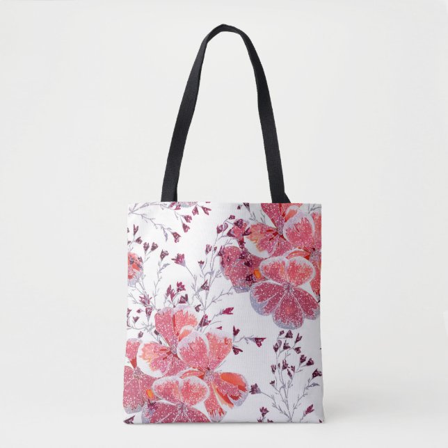 Bolsa Tote Flores vermelhas cor-de-rosa em branco. (Frente)