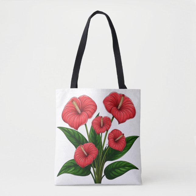 Bolsa Tote Flores Vermelhas de Anturio com Folhas Verdes (Frente)