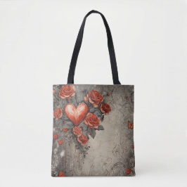 BOLSA TOTE FLÔRES VERMELHAS E CORAÇÕES DE SANTO VALENTIM COM 