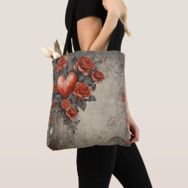 BOLSA TOTE FLÔRES VERMELHAS E CORAÇÕES DE SANTO VALENTIM COM 