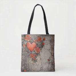 BOLSA TOTE FLÔRES VERMELHAS E CORAÇÕES DE SANTO VALENTIM COM 