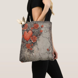 BOLSA TOTE FLÔRES VERMELHAS E CORAÇÕES DE SANTO VALENTIM COM 