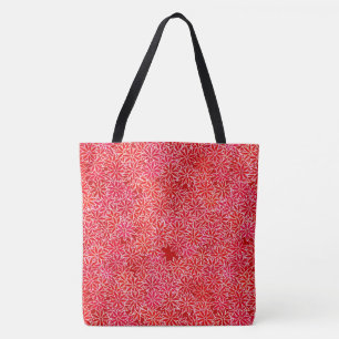 Bolsa Tote Flores vermelhas e corais, fundo vermelho-escuro