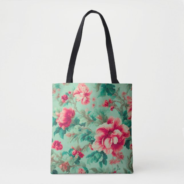 Bolsa Tote Flores Vermelhas e Folhas Verdes Extremas (Frente)