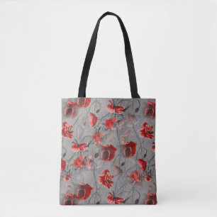 Bolsa Tote Flores Vermelhas em Cinzas Escuras, Papagaios Verm