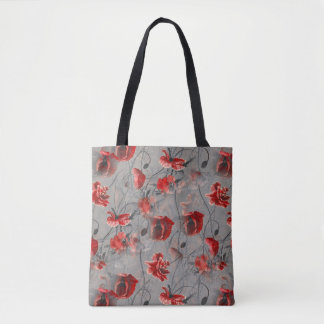 Bolsa Tote Flores Vermelhas em Cinzas Escuras, Papagaios Verm