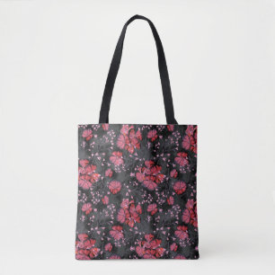 Bolsa Tote Flores vermelhas em uma cinza preta.