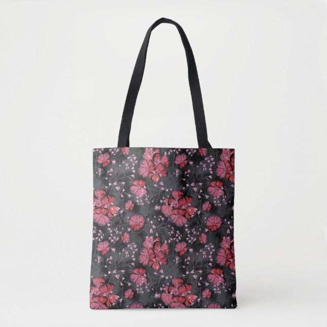 Bolsa Tote Flores vermelhas em uma cinza preta. (Frente)