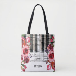 Bolsa Tote flores vermelhas notas musicais piano