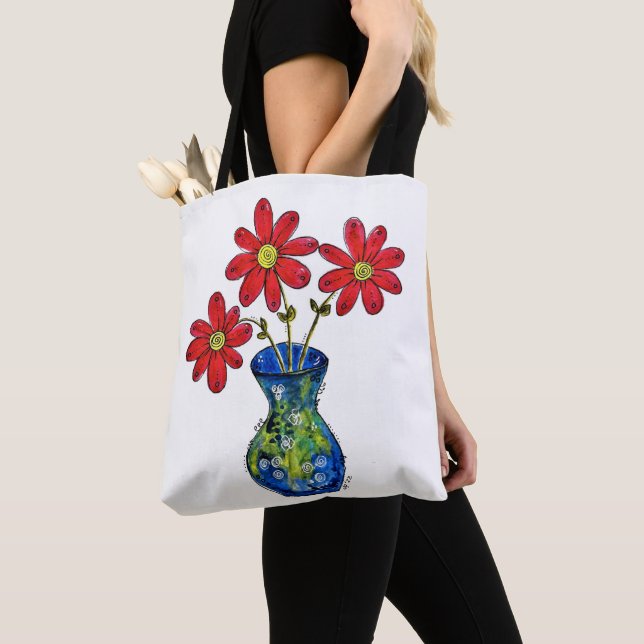 Bolsa Tote Flores Vermelhas Whimsical em Vaso Azul (Close Up)