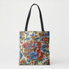 Bolsa Tote Flores Vermelhos e Azuis com Folhas Lush Italianas