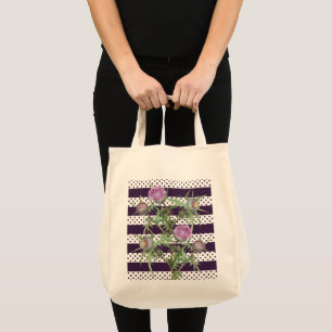 Bolsa Tote Flores violetas e listras roxas