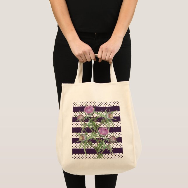 Bolsa Tote Flores violetas e listras roxas (Frente (produto))