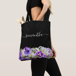 Bolsa Tote Flores violetas roxas monograma preto