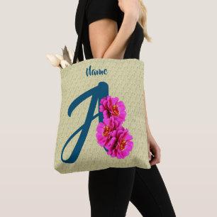 Bolsa Tote Flores Zinnia Monograma Inicial A Personalizado
