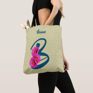Bolsa Tote Flores Zinnia Monograma Inicial B Personalizado