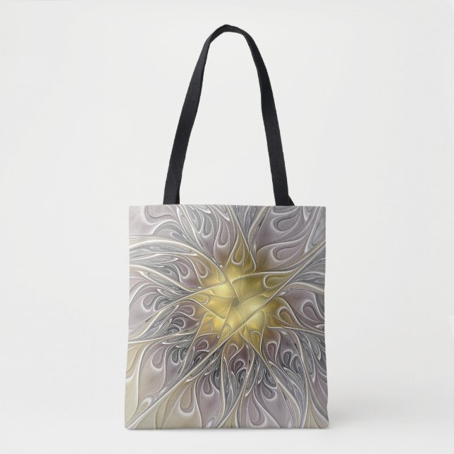 Bolsa Tote Florescer Com Flor Fractal Abstrata Moderna Dourad (Frente)