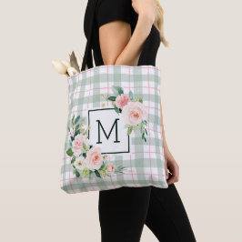 Bolsa Tote Florescer em Aquarela | Monograma em Xadrez Pastel