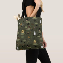 Bolsa Tote Floresta Assombrada Verde Escuro Halloween