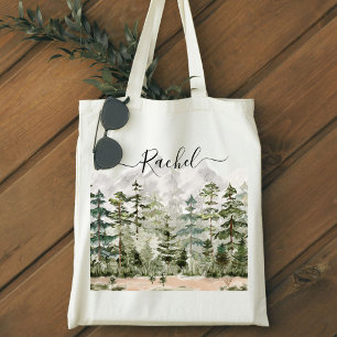 Bolsa Tote Floresta de Pinheiro Verde Monograma em Aquarela n