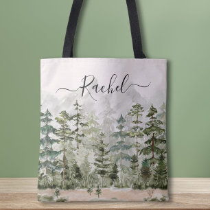 Bolsa Tote Floresta de Pinheiro Verde Montanhosa Aquarela Per