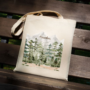 Bolsa Tote Floresta de Pinheiros Verdes com Aquarelas em Mont