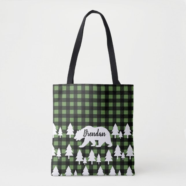 Bolsa Tote Floresta de Urso Russo e Xadrez Verde com Nome (Frente)