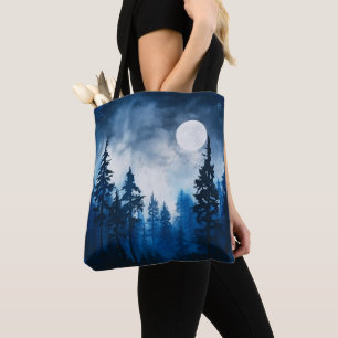 Bolsa Tote Floresta Spooky, Azul-Lua e Halloween Branco