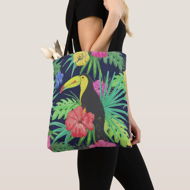 Bolsa Tote Floresta Tropical de Tucano e Folhas (Close Up)