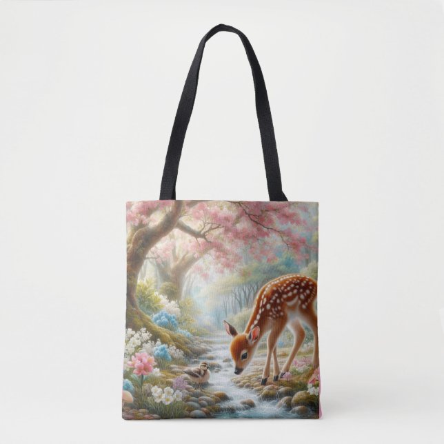 Bolsa Tote Florestas de primavera com pato e fada/veado (Frente)