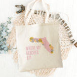 Bolsa Tote Flórida Onde Minhas Praias São Personalizadas<br><div class="desc">Esta bolsa de praia de Estado de sol inclui um design floral e cítrico. Adicione um nome ao fundo. Estes fazem presentes de excelente para damas de honra ou para férias de família.</div>