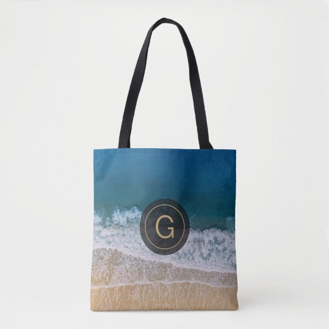 Bolsa Tote Flórida Turquoise Blue Sea & Beach Custom Monogram (Frente)