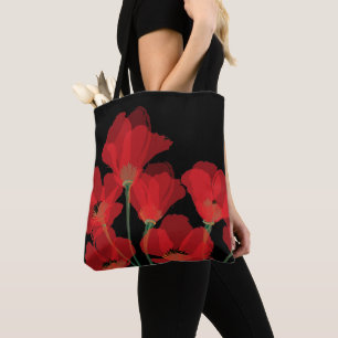 Bolsa Tote fluers de Pavot Rouge sur Noir