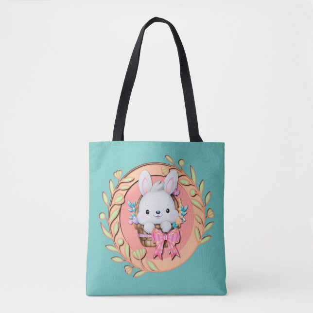 Bolsa Tote Fluffy Bunny Sentado na Páscoa 3D (Frente)