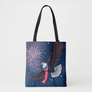 Bolsa Tote Flying Bald Eagle with USA Flag Scarf & Fireworks