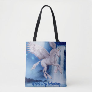 Bolsa Tote Flying Unicorn Waterfall Acredita fantasia Cavalo 