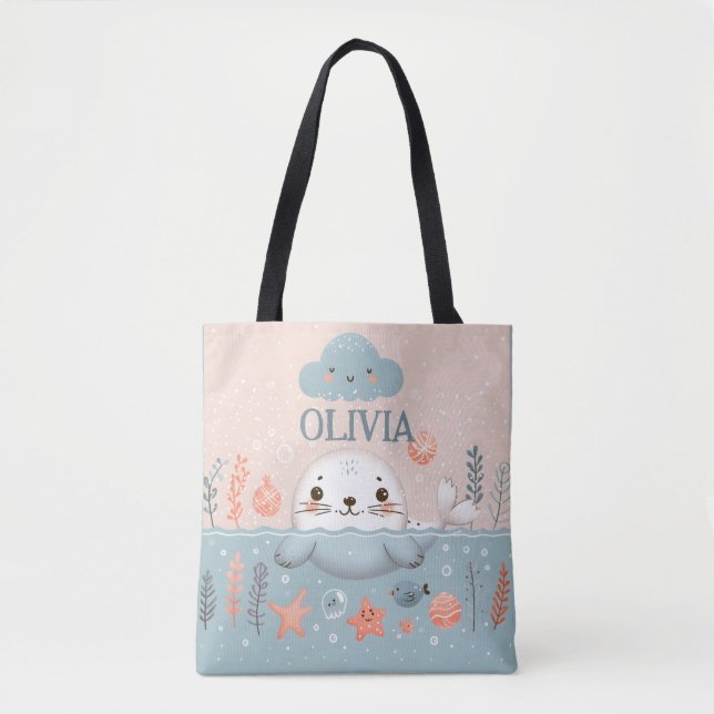 Bolsa Tote Foca bebê caprichosa fofa no mar (Frente)