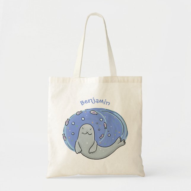 Bolsa Tote Foca-branca e ilustração de desenho animado de azu (Frente)