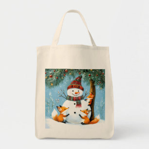 Bolsa Tote Fofa Floresta de Inverno Homem de Neve Raposas