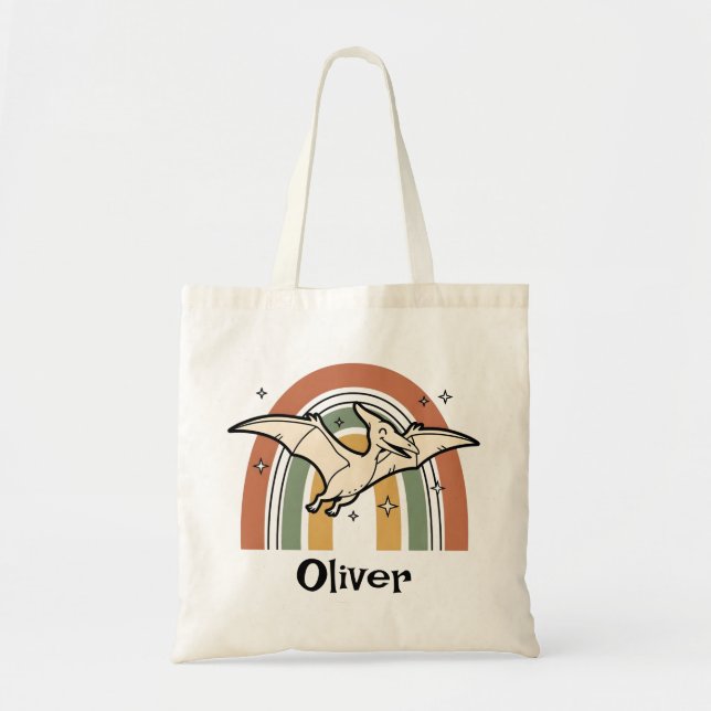 Bolsa Tote Fofo Boho Tom Dinosauro Voador & Arco-íris (Frente)