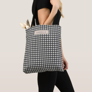 Bolsa Tote Fofo Personalizado Xadrez Ginga Preto Cinza Vintag