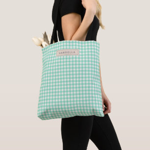 Bolsa Tote Fofo Personalizado Xadrez Ginga Verde Menta Vintag