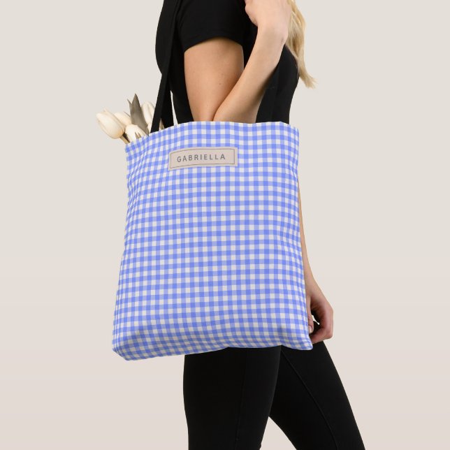 Bolsa Tote Fofo Xadrez Gingham Periwinkle Vintage Personaliza (Close Up)