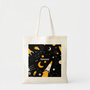 Bolsa Tote Foguete Lua Amarelo Negro Estrelas do Espaço Exter