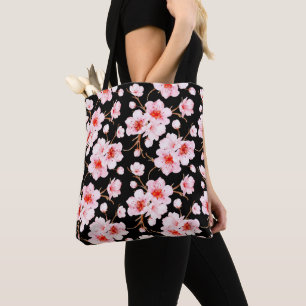 Bolsa Tote Foguetes de cereja de aquarela preto rosa
