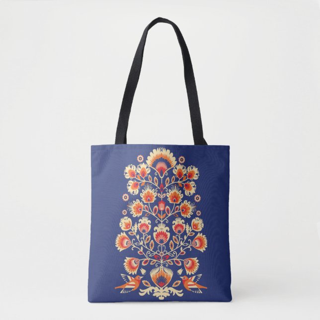 Bolsa Tote 💙 💛 🧡 Folclore com flores e aves amarelas (Frente)
