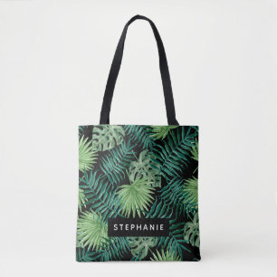 Bolsa Tote Folgas tropicais de palma em preto personalizado