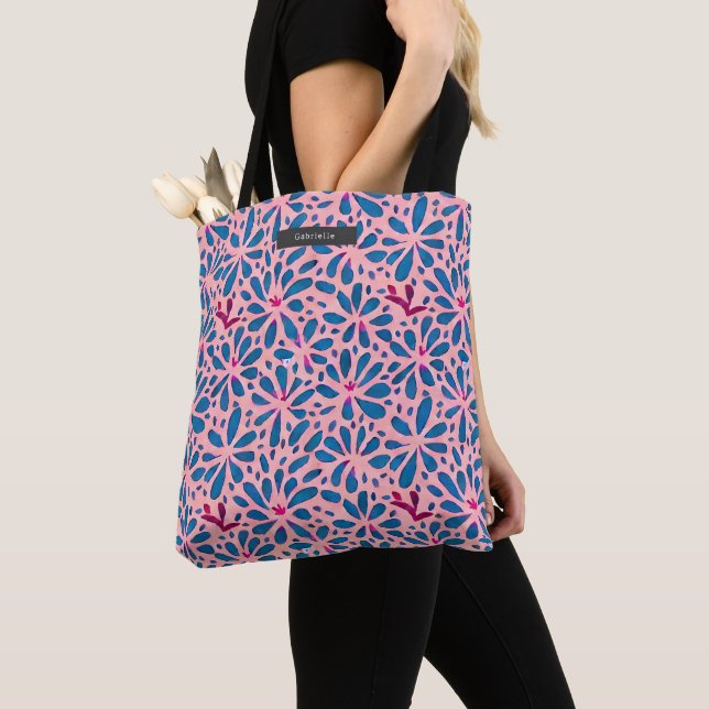 Bolsa Tote Folha de Arte Inspirada Rosa e Azul Floral (Close Up)