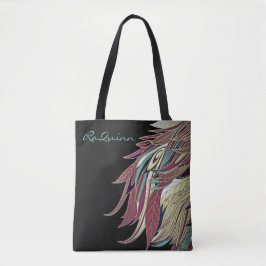 Bolsa Tote Folha de folha de penas abstrato, preto, vermelho